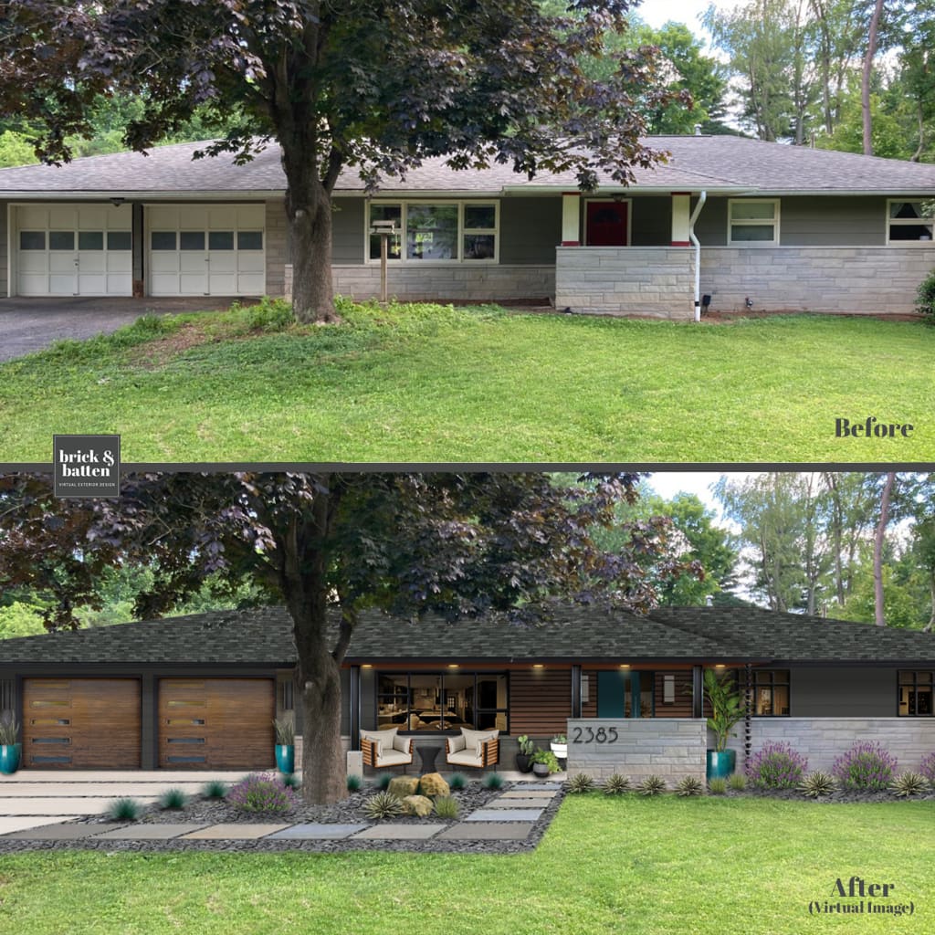 Before and after of a ranch home rendered in Iron Ore with wood accents