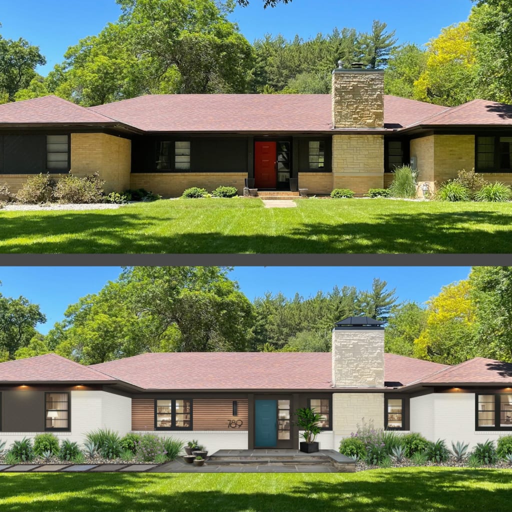 white brick ranch home with wood siding accents