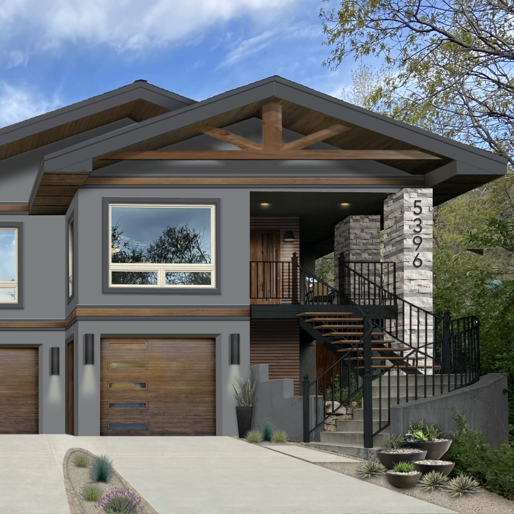Virtual exterior design of a contemporary home with stucco painted in Steel Wool and trim in Westcott Navy, both by Benjamin Moore