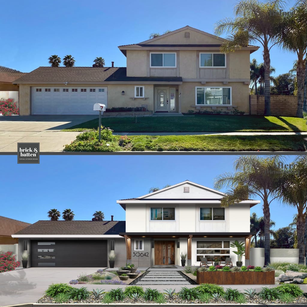 Before and after of a transitional modern home painted in Seapearl with the addition of a front porch and walkway