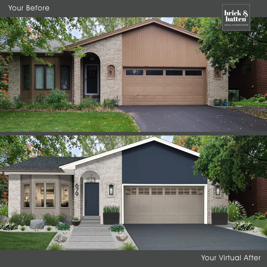 A before and after photo of a home's exterior featuring a Sherwin Williams' Naval color palette