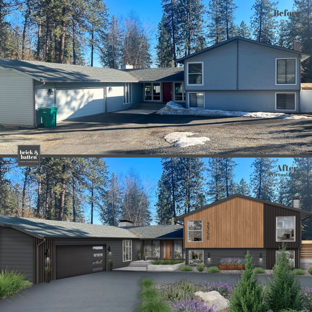 A before and after photo of a home exterior with multiple cladding types