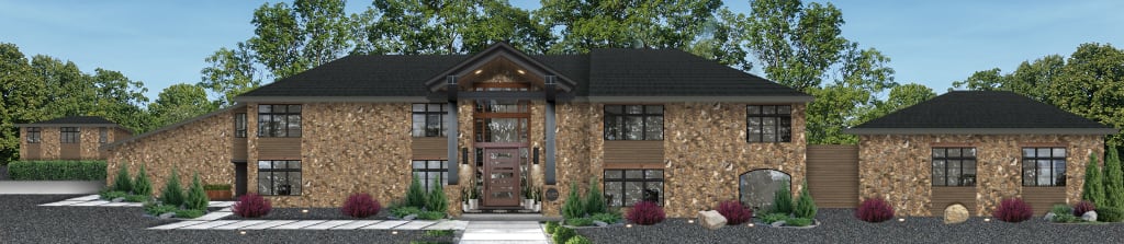 A rendering of a modern mansion exterior