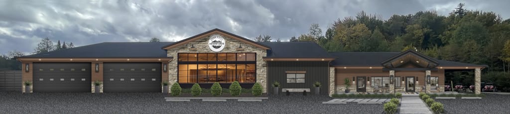 A lodge and retail shop with a modern mountain aesthetic
