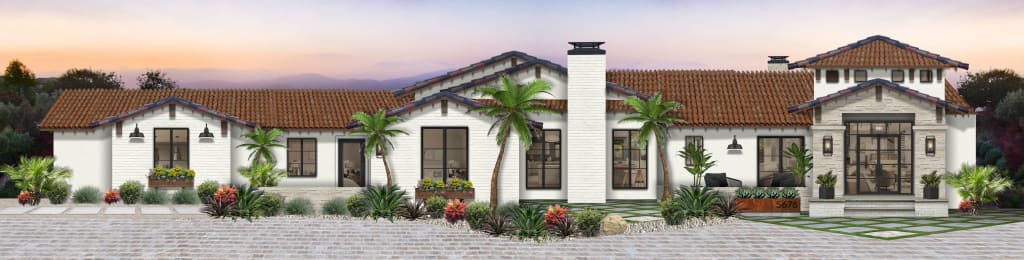 Exterior design for a Mediterranean-style home with wood corbels