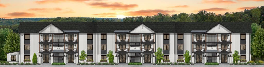 A rendering of an aesthetic apartment building