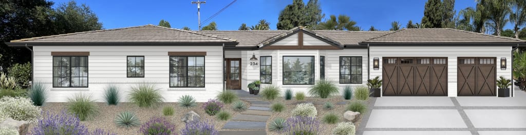 ranch home with white siding and wood accents