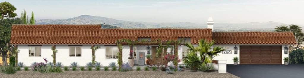 White stucco home with terracotta roof and wood pergola.