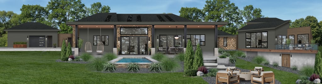 A rendering of the backyard of a modern mansion