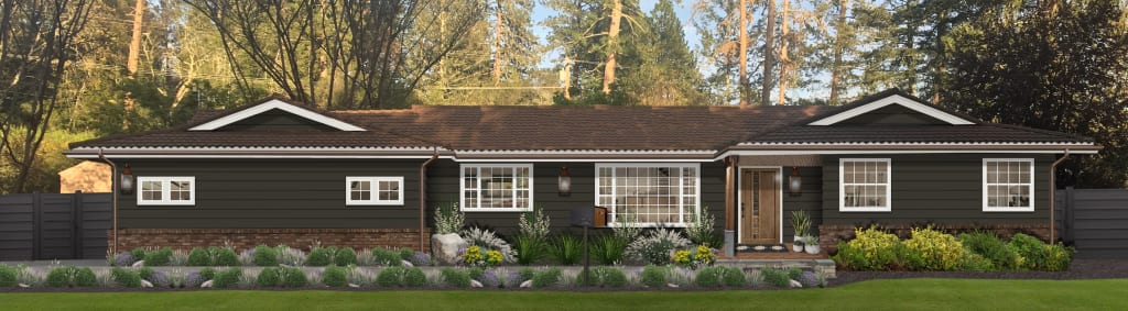A long ranch home rendered in Sherwin Williams' Andiron