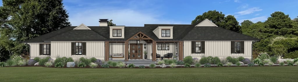 A home rendered in Oyster White, one of the top Sherwin Williams' exterior paint colors for 2023