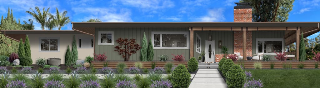 exterior of a flat roof rancher with green vertical sidings, cedar columns, and brick fireplace