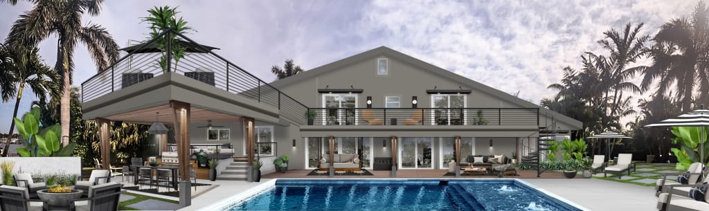 back side of a house with a pool and a covered outdoor kitchen