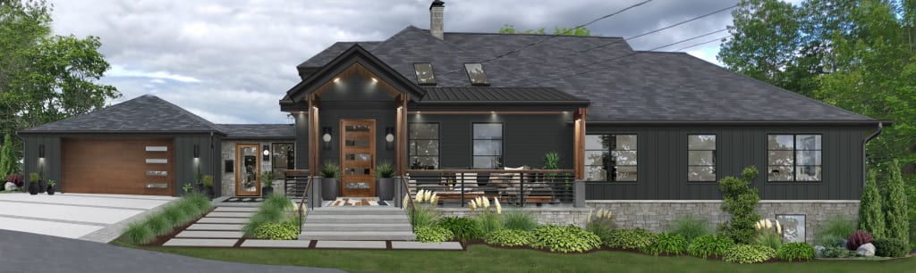 Blacktop, one of the best Benjamin Moore exterior paint color for 2024, on a modern farmhouse with wood columns and black windows.