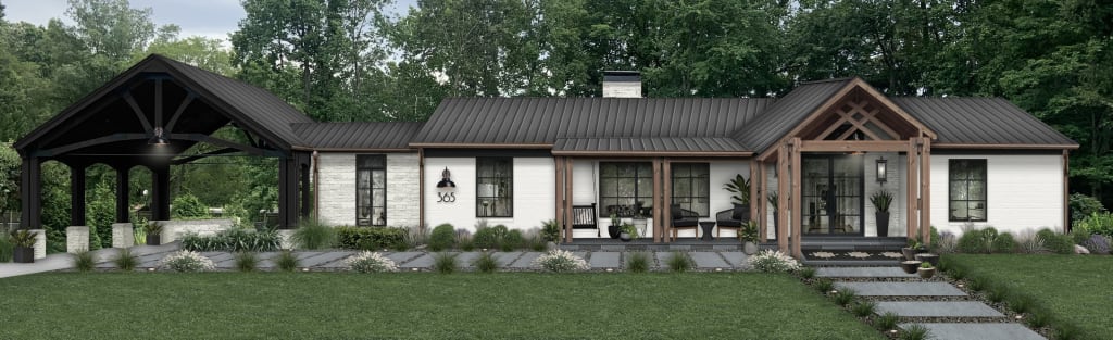 Wide ranch home rendered in an off-white with lots of landscape lighting