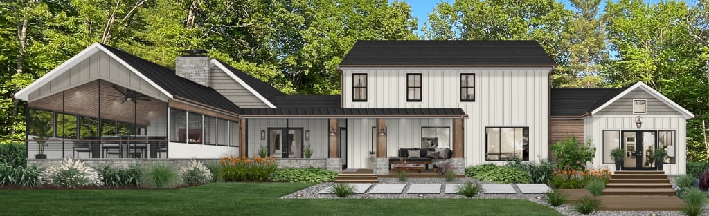 Photorealistic rendering of home exterior featuring a covered porch with outdoor fireplace.
