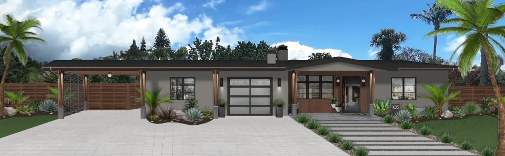 A rendering of a home with some of brick&batten's favorite driveway landscape ideas implemented