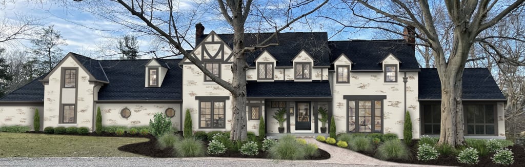 two story large stone traditional french country home with limewash and black roof