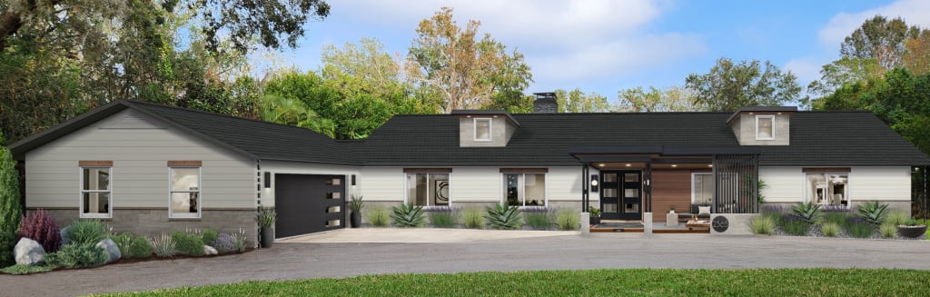 modern house with an enclosed patio and breeze block wall