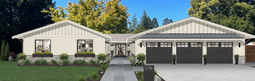A home rendered in Dover White, one of the best Sherwin Williams exterior paint colors for 2023