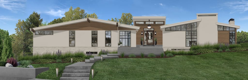 A rendering of a home exterior with cedar wood accents