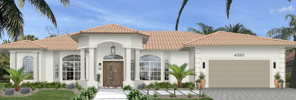 A rendering of a home with a tropical color palette