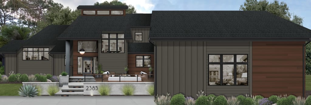 A rendering of a home exterior with a section of metal siding