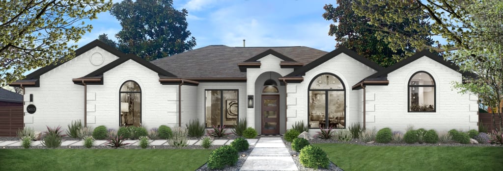 A rendering of a white brick home