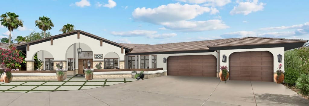 stucco home with limestone retaining wall and wood garage doors