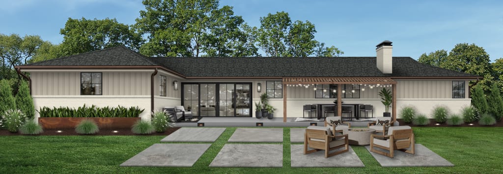 Rendering featuring a home's back patio and pergola.