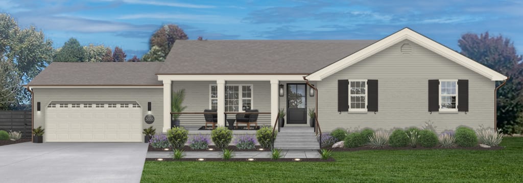 A home rendered in Benjamin Moore's Cape May Cobblestone — one of our top exterior house colors for 2024