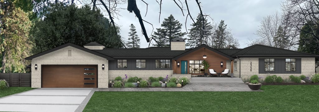 A mid-century modern home with a blue front door