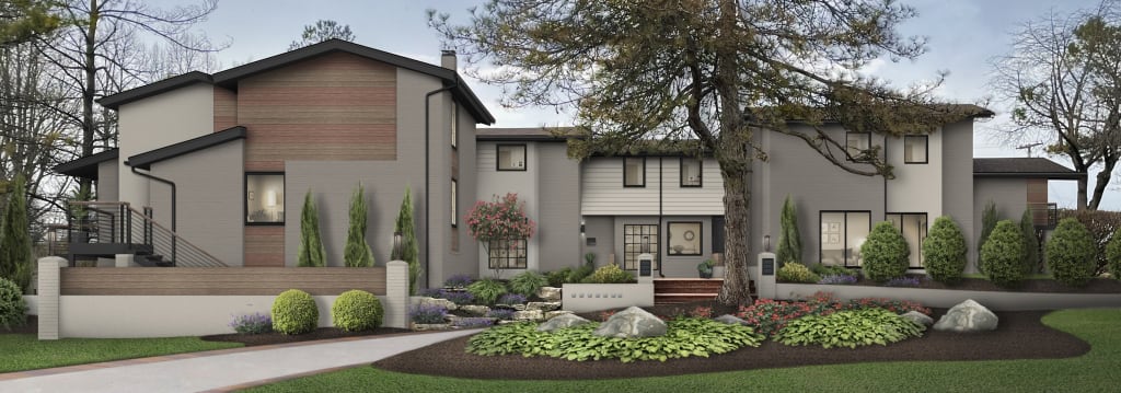 Design rendering of a monochromatic, two-story home exterior painted in modern house colors.