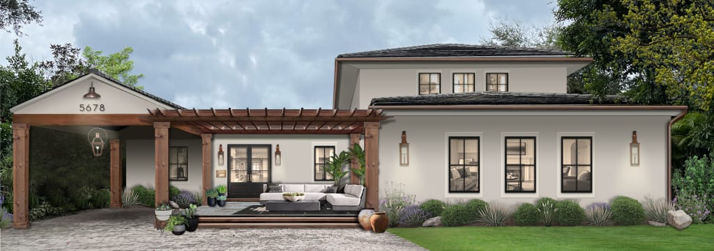 large home with greige stucco and wood accents