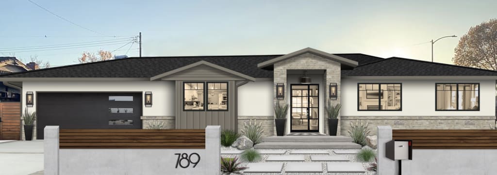 Virtual rendering of a home painted in Westhighland White by Sherwin Williams with a black garage door, black windows, and a stone and paver walkway.