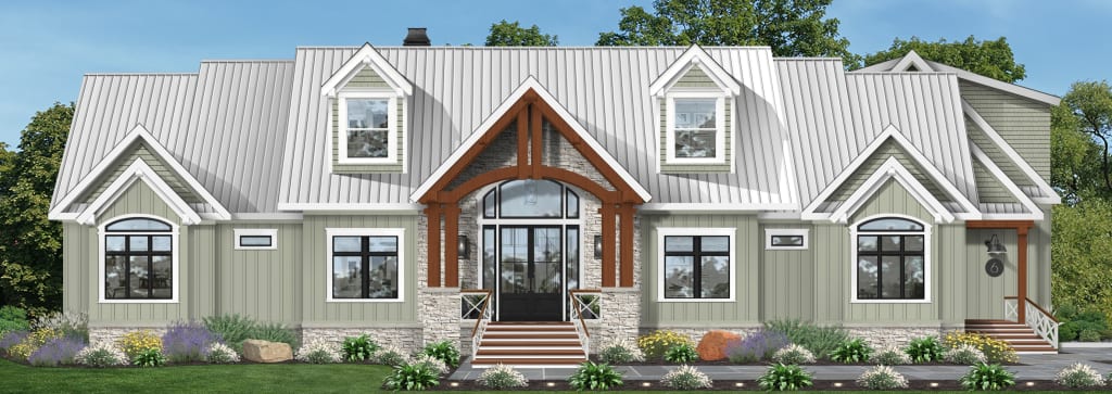 A traditional farmhouse with a metal roof, wood portico columns, white trim, and black windows.