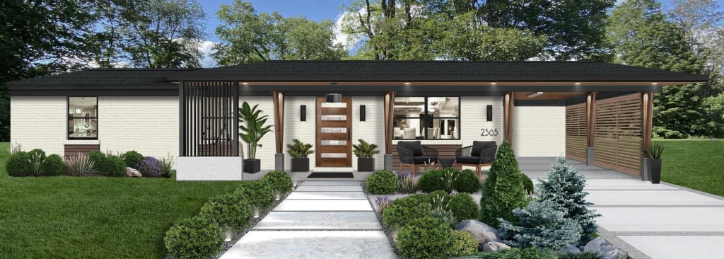 Painted brick house rendering with white brick, a black roof, and wooden accents.