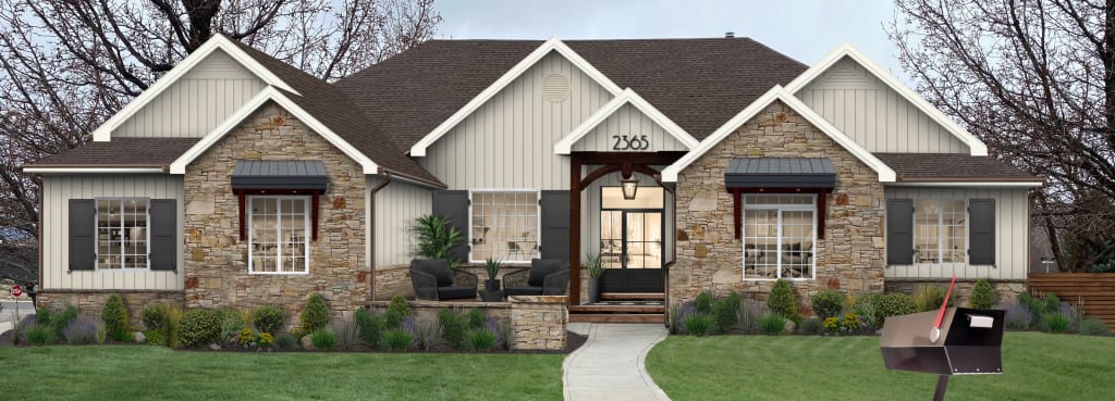 rendering of a home with stone, greige siding, white trim, and black shutters