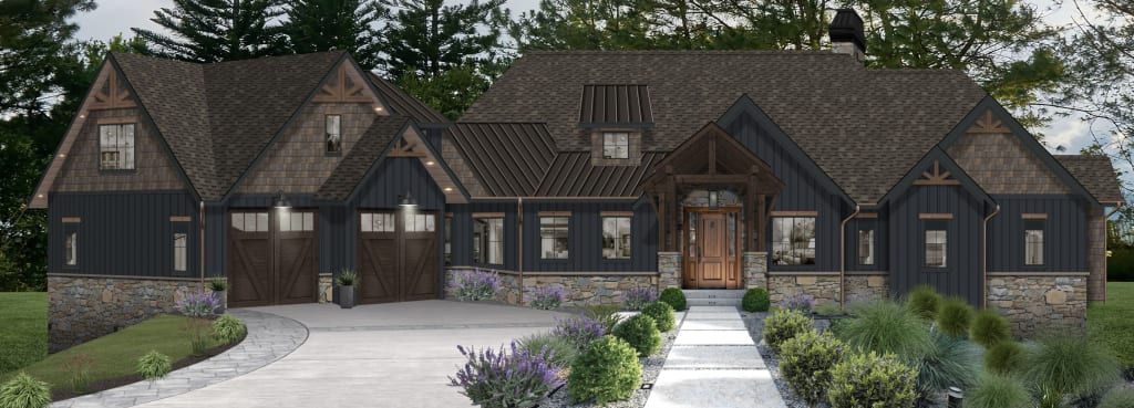 A virtual home rendering featuring siding in Sherwin Williams' Inkwell