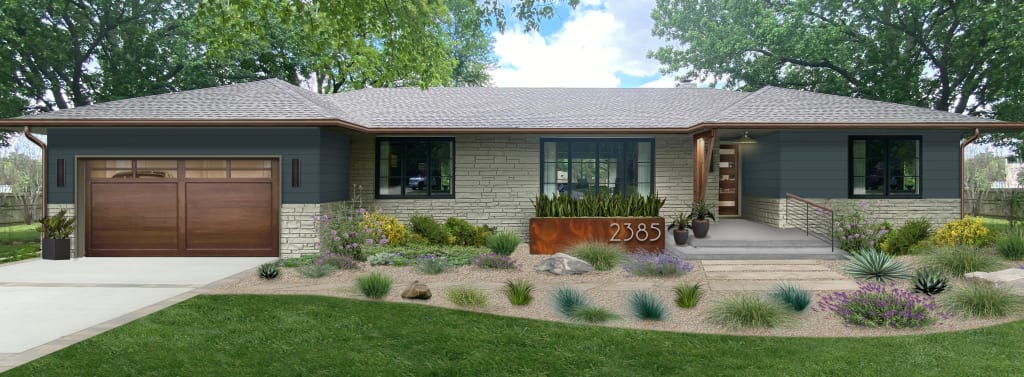 ranch home with shrubs and landscaping
