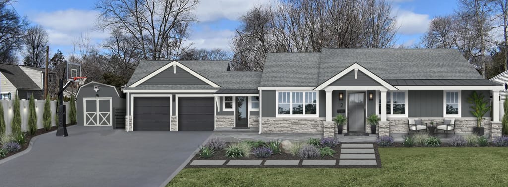 ranch home with gray siding, cultured stone, and white trim