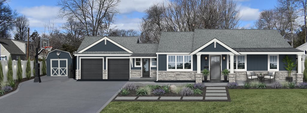 A rendering of a home featuring a side door that's one of brick&batten's favorite Home Depot exterior doors