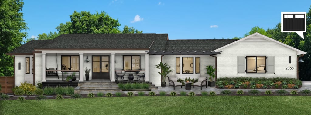 A traditional modern farm house painted in Seapearl with Seahaze shutters and Simply White trim