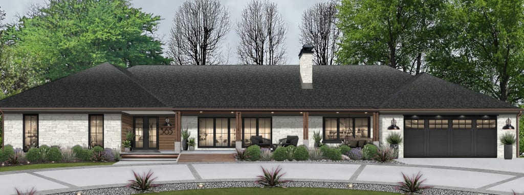 A one-story home with a chimney
