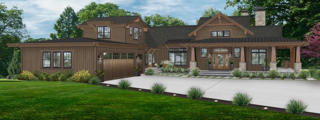 Rustic wood home with a wrap around porch