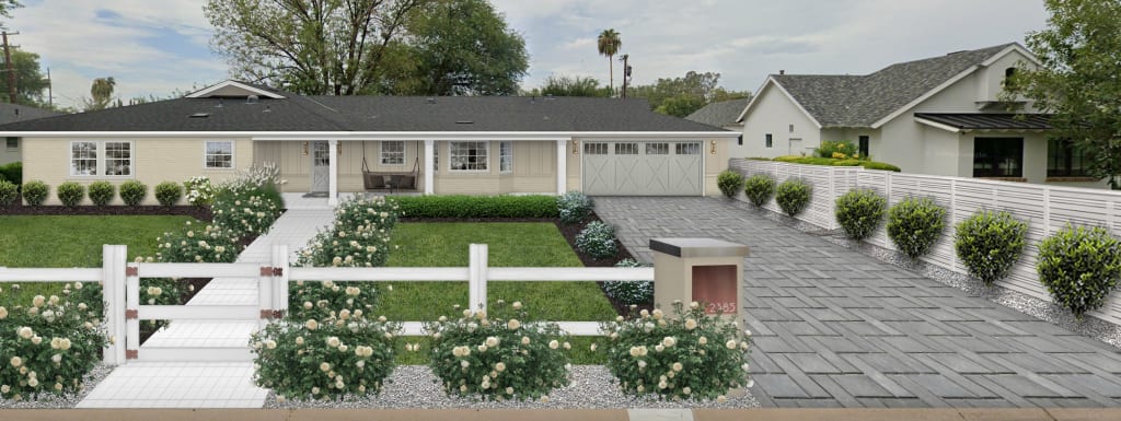 A rendering of a home with some of brick&batten's favorite driveway landscape ideas implemented