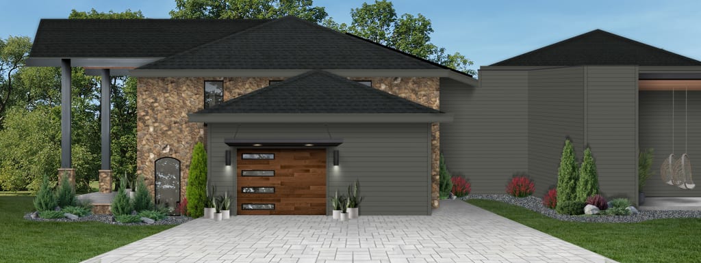 A rendering of a garage on a modern mansion