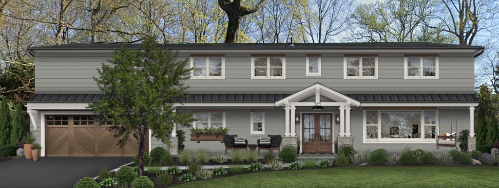Virtual rendering of a modern farmhouse painted in Sherwin Williams' Illusive Green with white windows and a white portico, with a wood garage door.