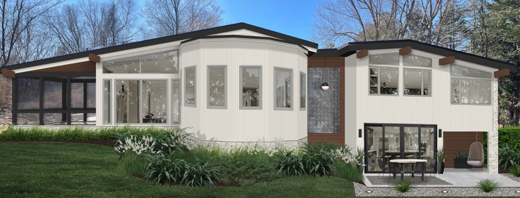 A rendering of a home with a remodeled patio
