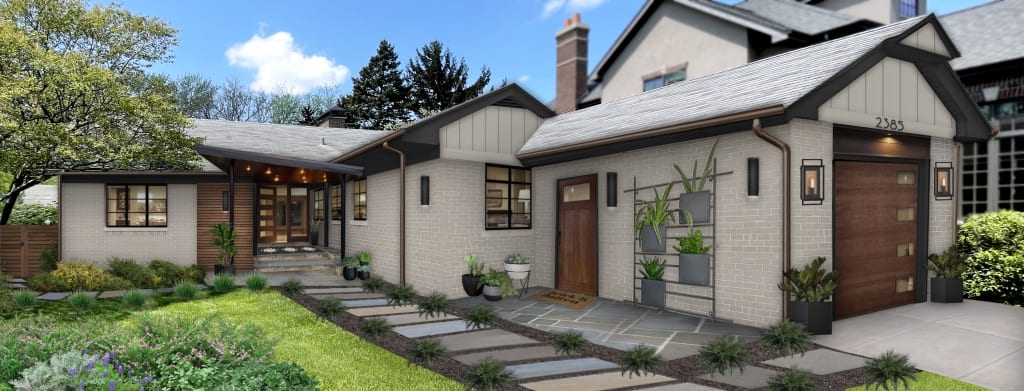 white painted brick L-shaped sprawling ranch with wood accents